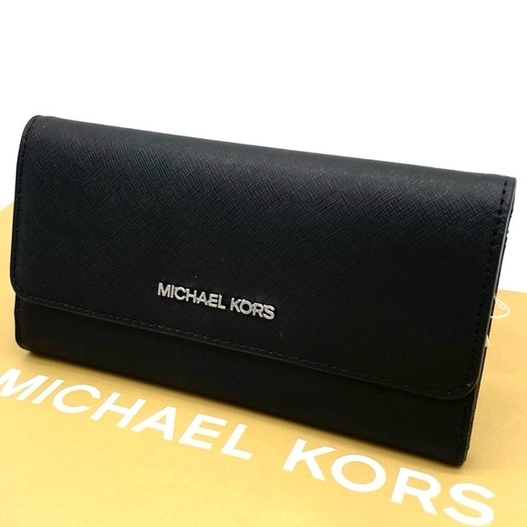 Michael Kors Large Trifold Wallet Black/Silver (NWT) - Picture 1 of 7